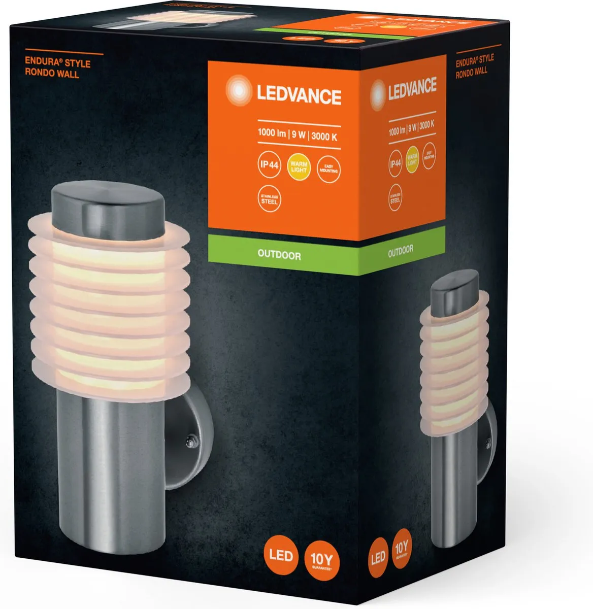 LEDVANCE ENDURA STYLE RONDO WALL buitenverlichting, 9W, 700lm, wandlamp, edelstaal, beschermingsklasse IP44, 3.000K kleurtemperatuur, warm witte lichtkleur