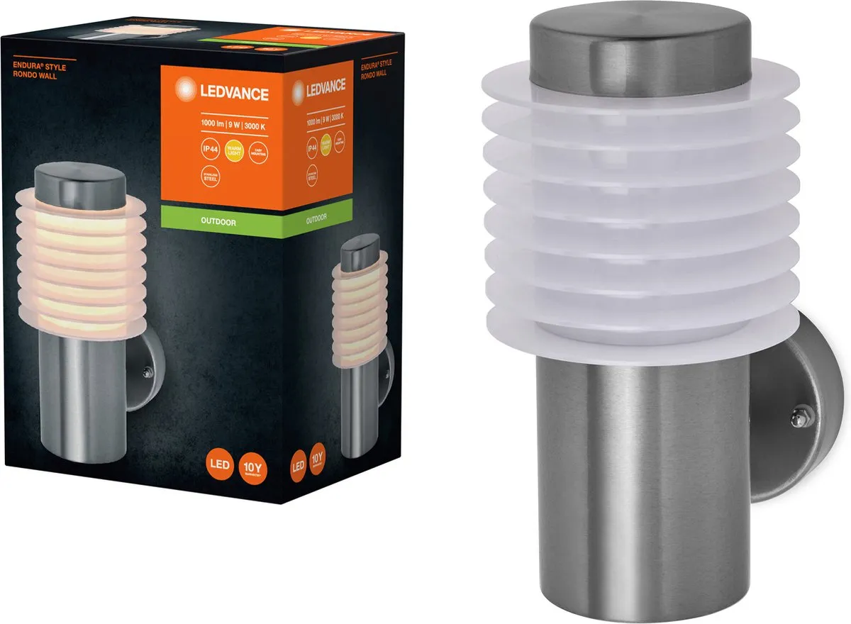 LEDVANCE ENDURA STYLE RONDO WALL buitenverlichting, 9W, 700lm, wandlamp, edelstaal, beschermingsklasse IP44, 3.000K kleurtemperatuur, warm witte lichtkleur