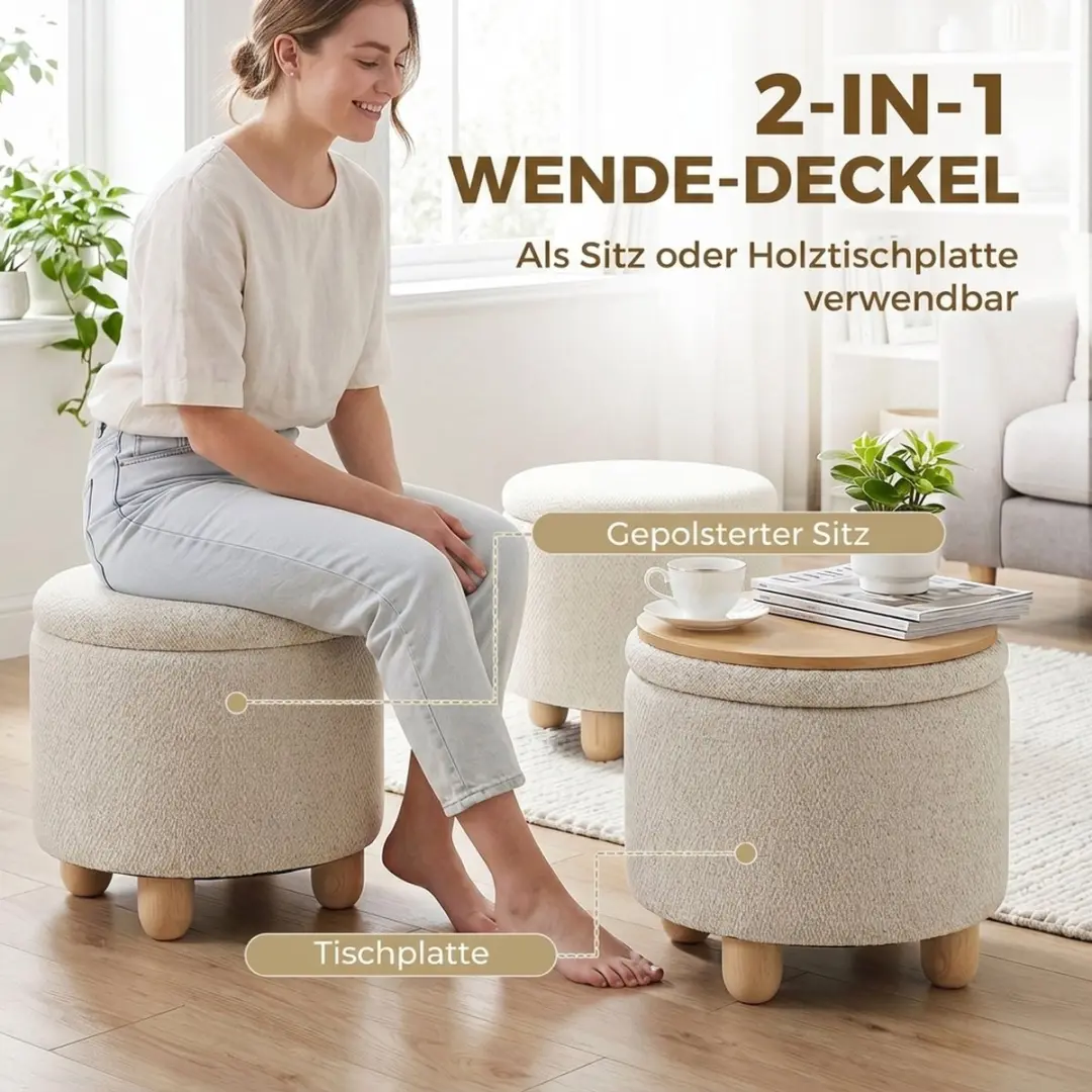 Homcom Opberghocker Beige 38,5x38,5x33,5cm - 19L - afbeelding 4 van 6
