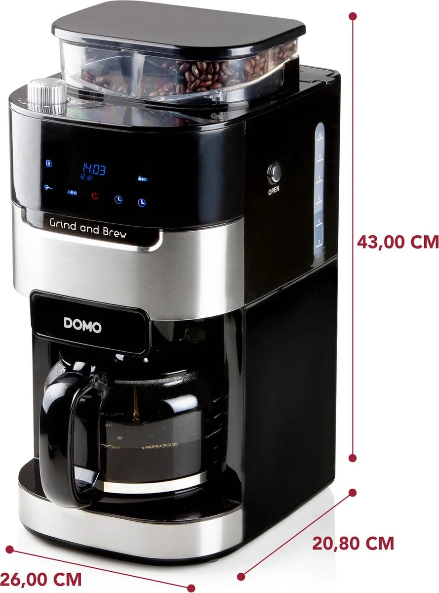 Domo DO721K Grind & Brew Koffiemachine - 12 Kopjes - 1,5L - Instelbare maling