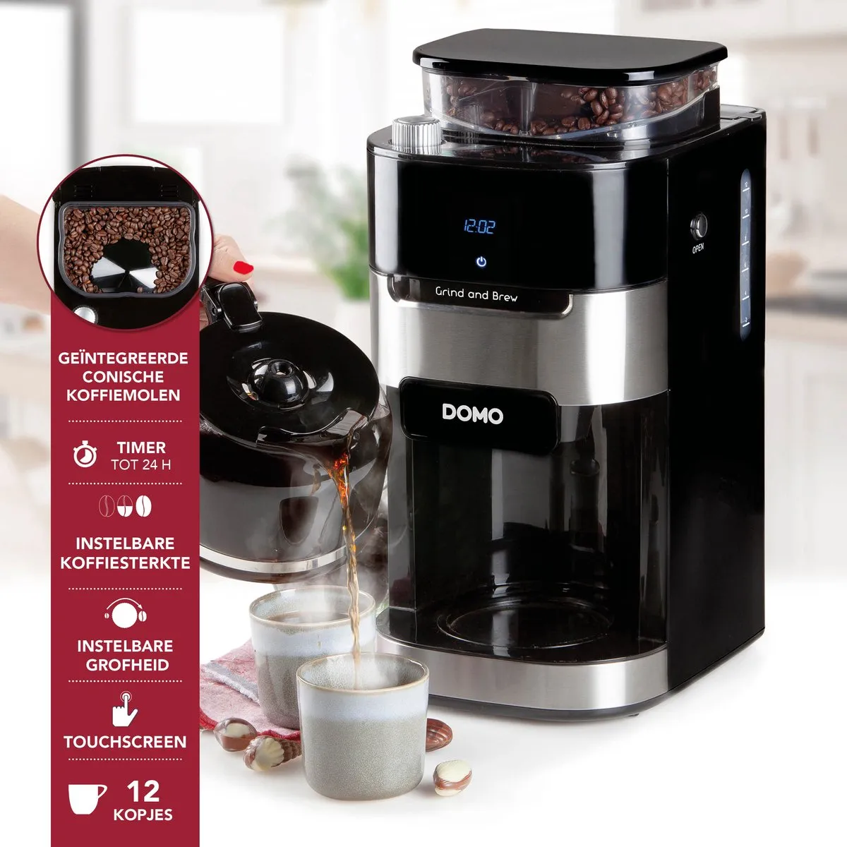 Domo DO721K Grind & Brew Koffiemachine - 12 Kopjes - 1,5L - Instelbare maling