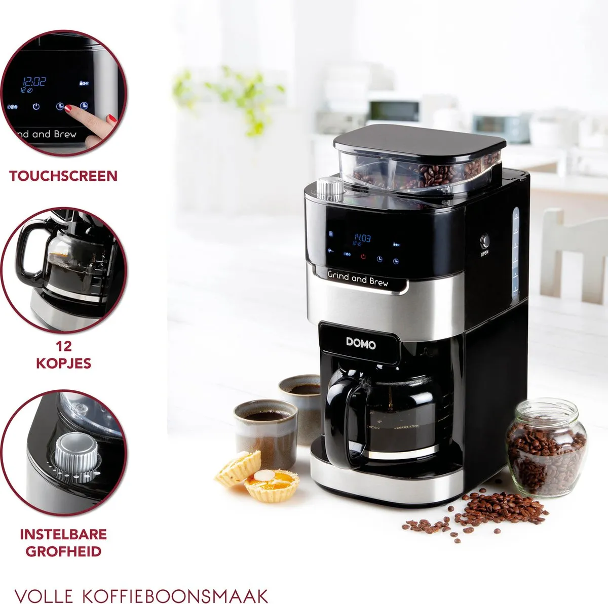 Domo DO721K Grind & Brew Koffiemachine - 12 Kopjes - 1,5L - Instelbare maling