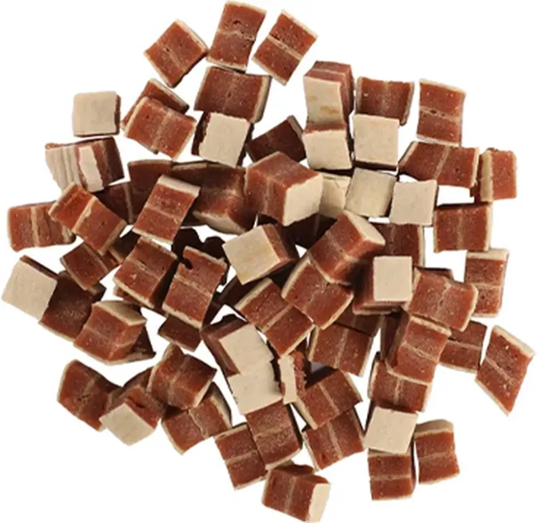 flamingo hapki kattensnack 50 gr kip + zalm cubes - geen toegevoegde suiker - zalm 32% - kip 21% - polak 8%