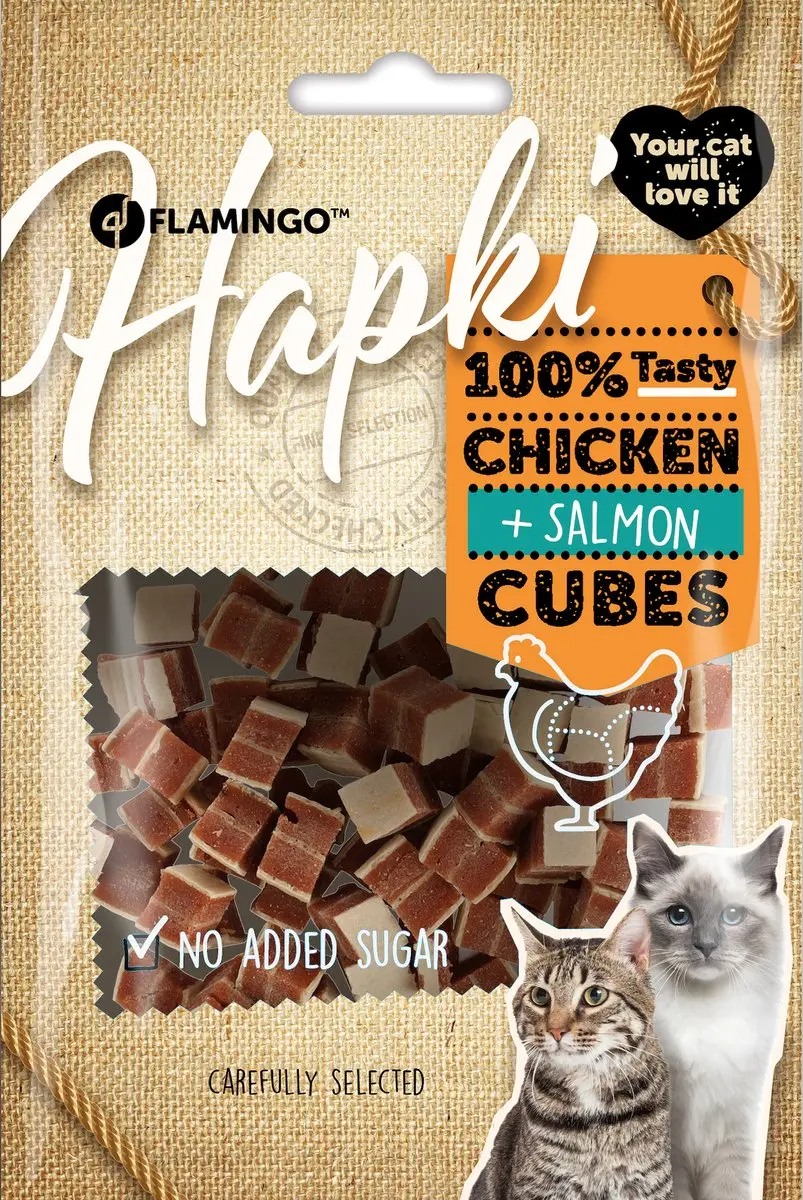 flamingo hapki kattensnack 50 gr kip + zalm cubes - geen toegevoegde suiker - zalm 32% - kip 21% - polak 8%