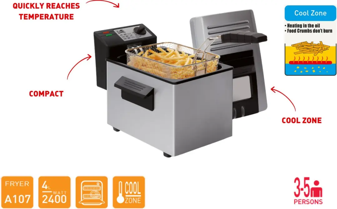 FRITEL Frituurpan - A107 - Frietketel met Filterdeksel - Friteuse - Koude Zone - 3-5 Pers. Frituurketel met Kijkvenster - 2400W - 4L