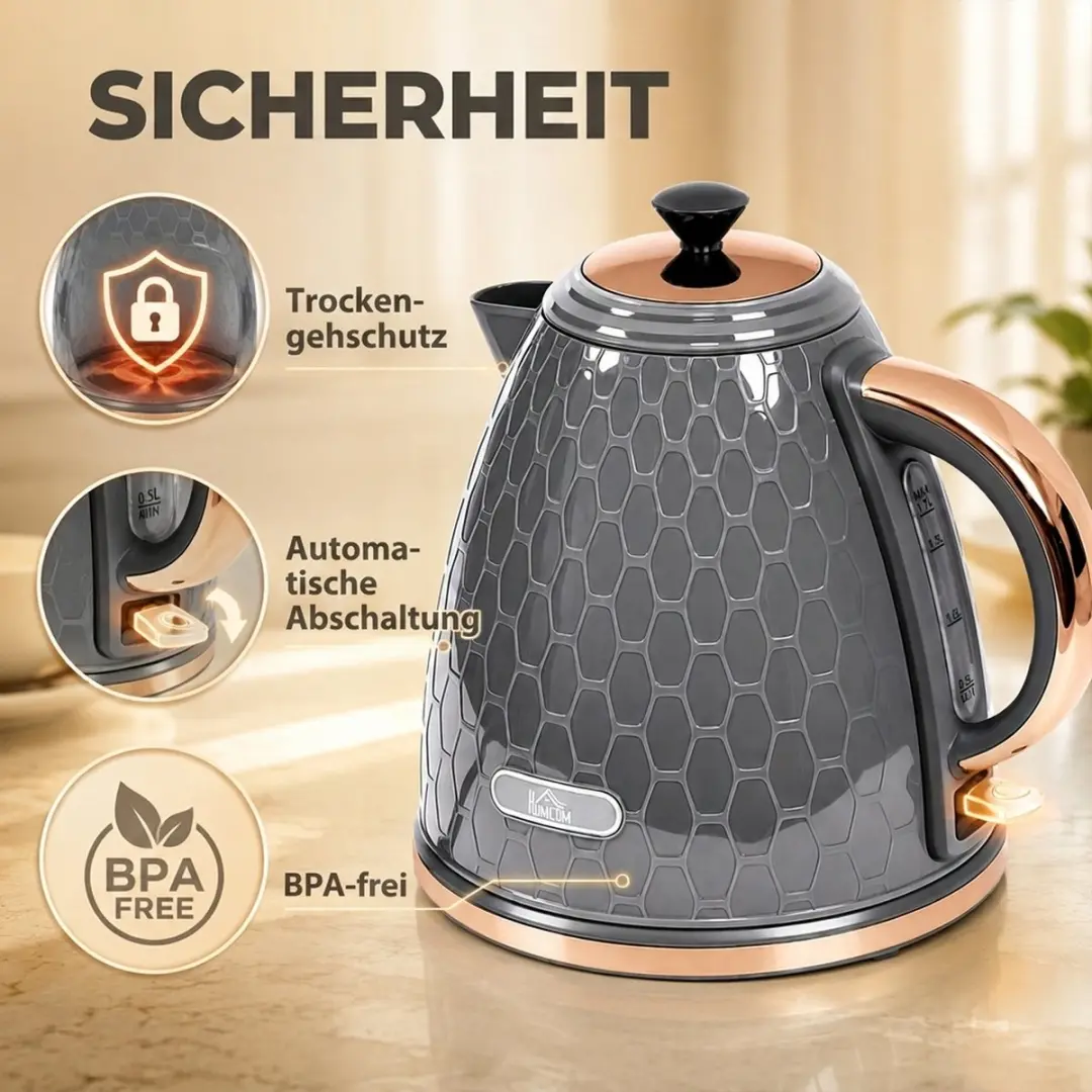 Homcom Waterkoker 2200W 1,7L - 24x19x23cm Grijs