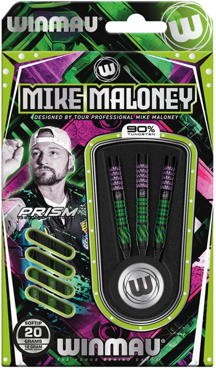Winmau Mike Maloney 90% Soft Tip Dartpijlen - 3 Stuks - Groen/Paars/Zwart