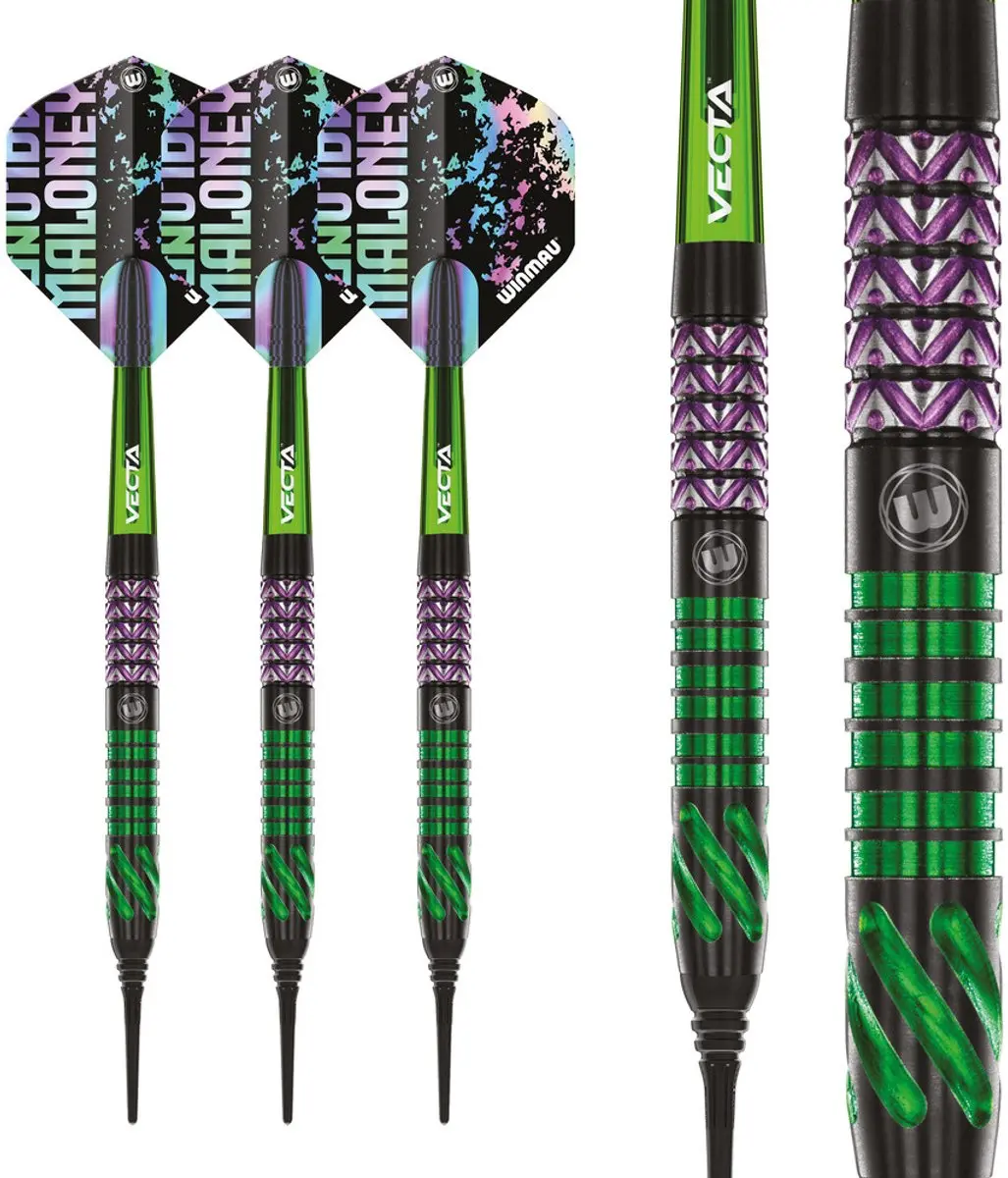 Winmau Mike Maloney 90% Soft Tip Dartpijlen - 3 Stuks - Groen/Paars/Zwart