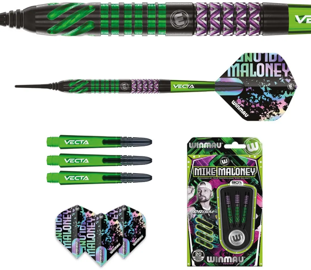 Winmau Mike Maloney 90% Soft Tip Dartpijlen - 3 Stuks - Groen/Paars/Zwart