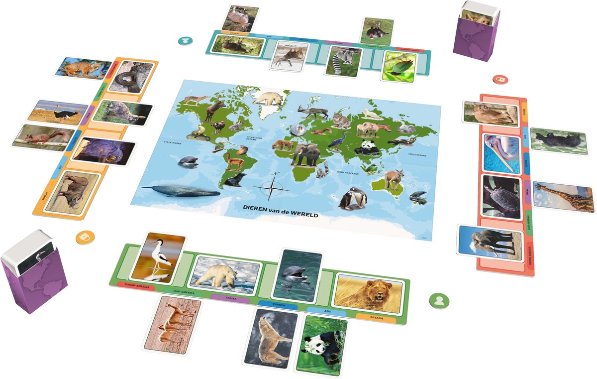 Tactic Dieren van de Wereld – Educatief spel – Leer de wilde dieren kennen – 200 Kaarten – 6 Speelborden met werelddelen