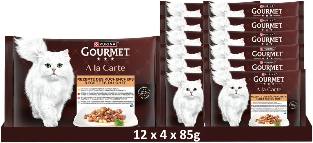 Gourmet à la carte met kip, rundvlees, forel en koolvis (12 x 4 x 85g)