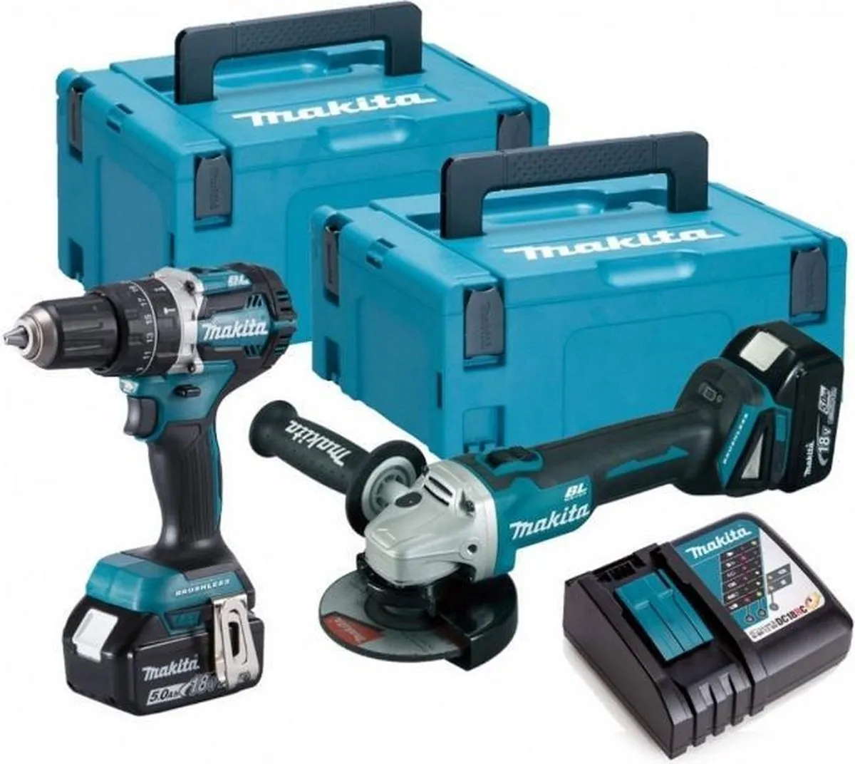 Makita DLX2179TJ1 18V LXT Haakse Slijper + Klopboormachine Set