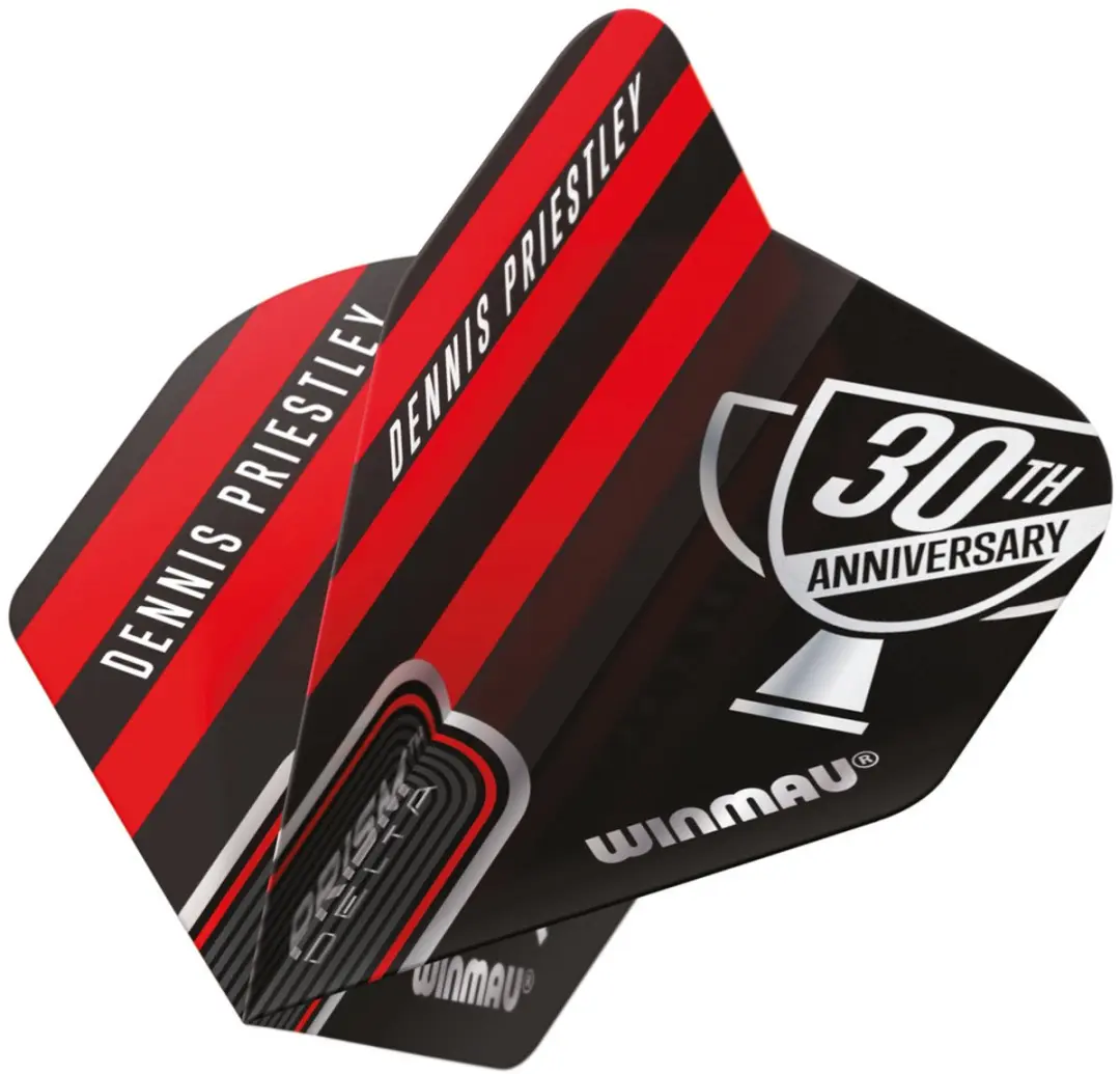 Winmau Prism Delta Dennis Priestley 30th Anniversary Dart Flights - 3 Stuks - Rood/Zwart - afbeelding 3 van 3