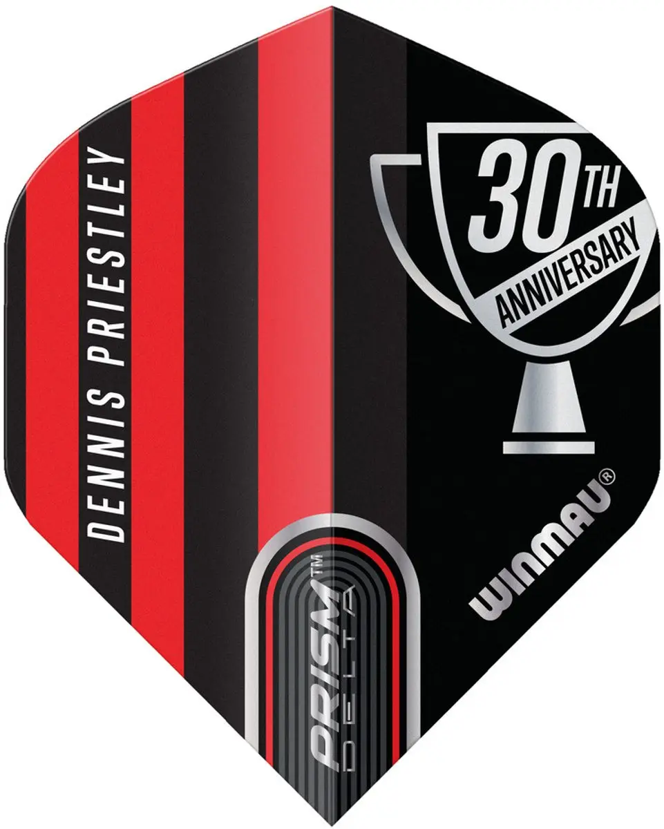 Winmau Prism Delta Dennis Priestley 30th Anniversary Dart Flights - 3 Stuks - Rood/Zwart - afbeelding 2 van 3