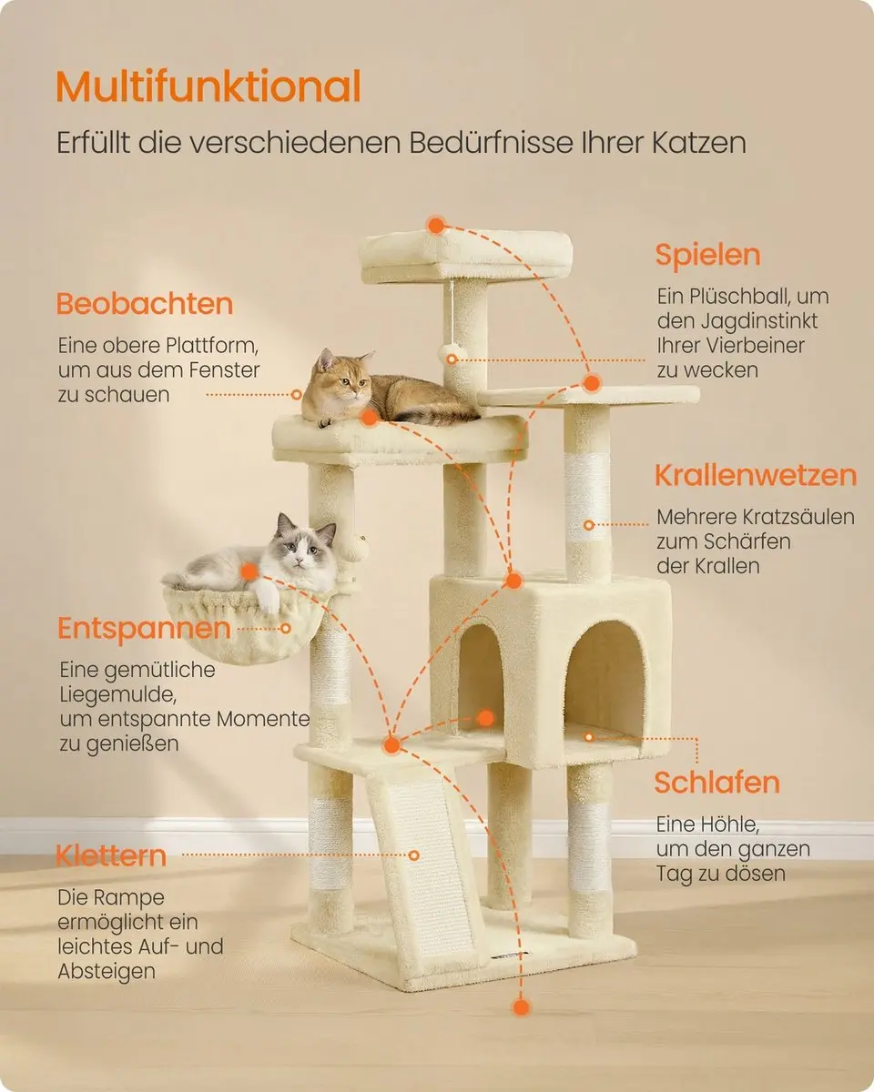 Songmics Krabpaal 136cm - Sisal & Pluche - 3 Platforms