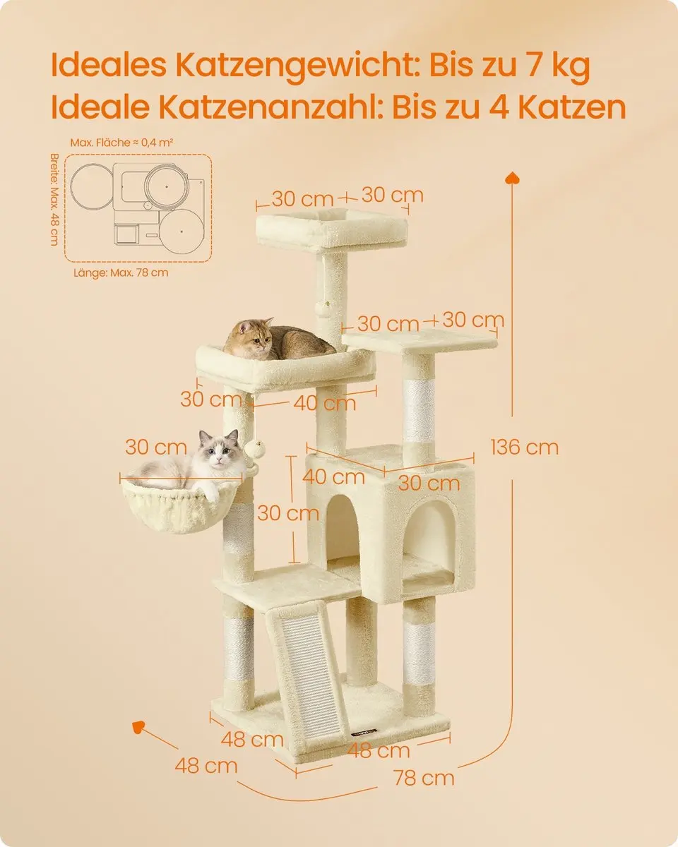 Songmics Krabpaal 136cm - Sisal & Pluche - 3 Platforms - afbeelding 6 van 6