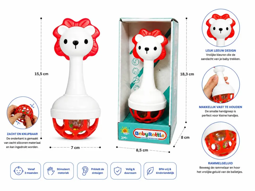 Ledy Toys Baby Rammelaar Siliconen Leeuwtje - Wit