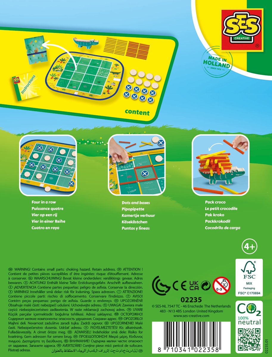 SES - Wrap&Go reisspellen - Vier op een lijn - Kamertje verhuur - Pak kroko - 3 in 1 - travel size - speelbord is de bewaartas