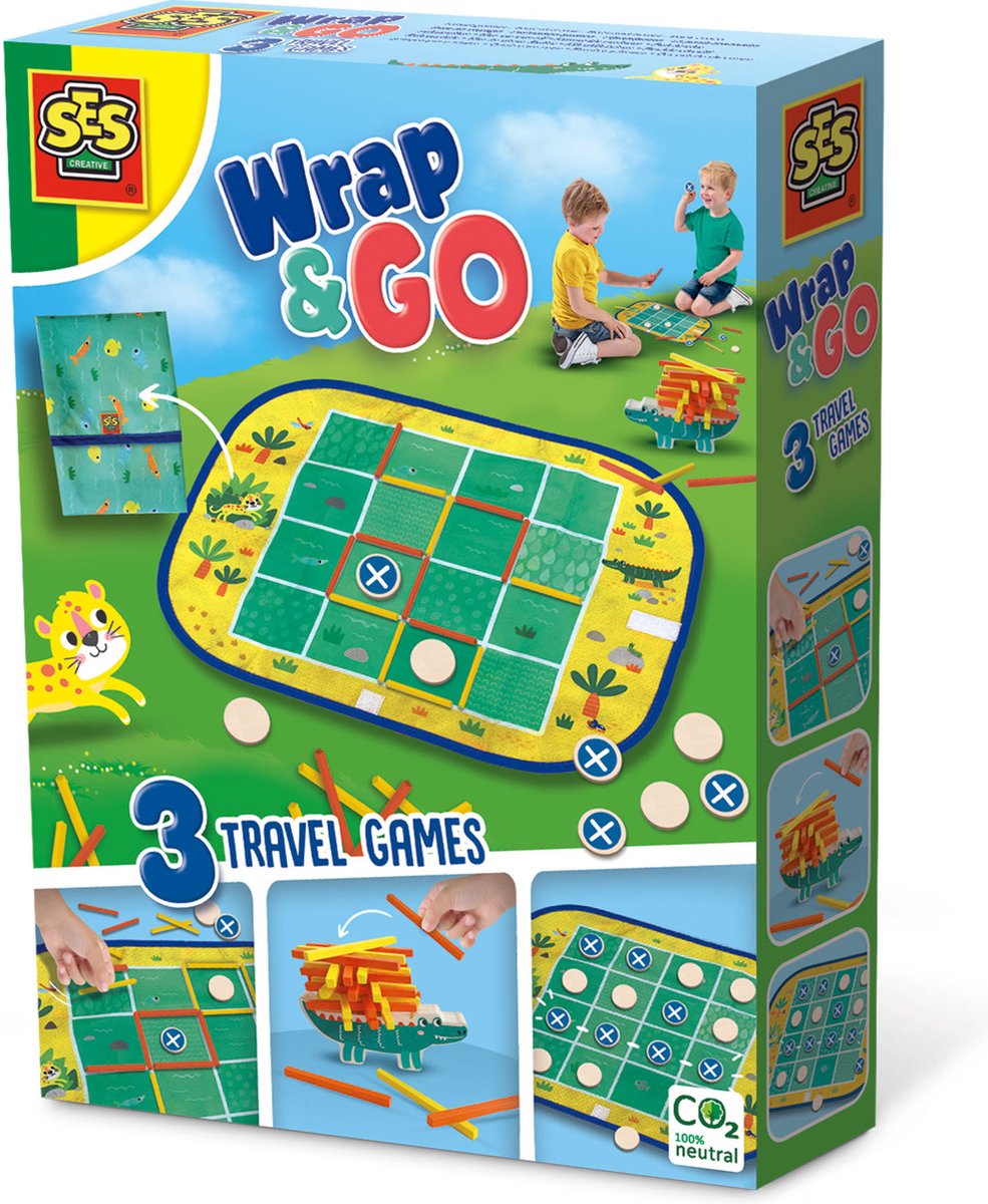 SES - Wrap&Go reisspellen - Vier op een lijn - Kamertje verhuur - Pak kroko - 3 in 1 - travel size - speelbord is de bewaartas