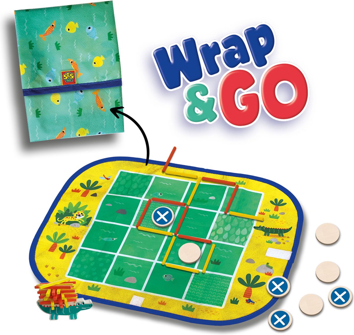 SES - Wrap&Go reisspellen - Vier op een lijn - Kamertje verhuur - Pak kroko - 3 in 1 - travel size - speelbord is de bewaartas
