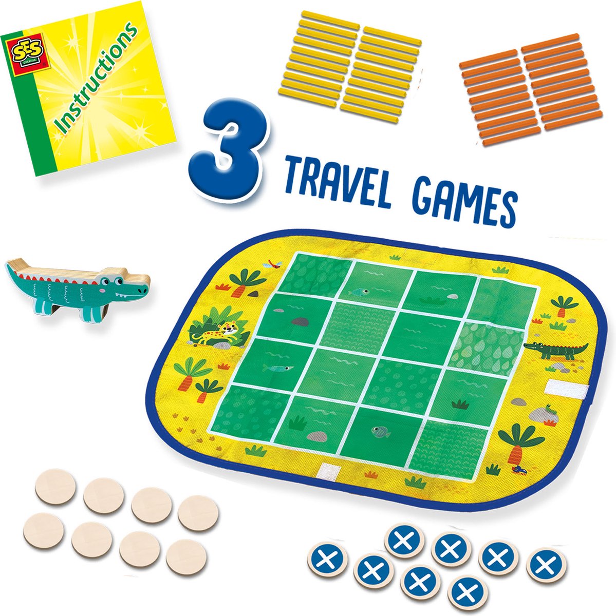 SES - Wrap&Go reisspellen - Vier op een lijn - Kamertje verhuur - Pak kroko - 3 in 1 - travel size - speelbord is de bewaartas