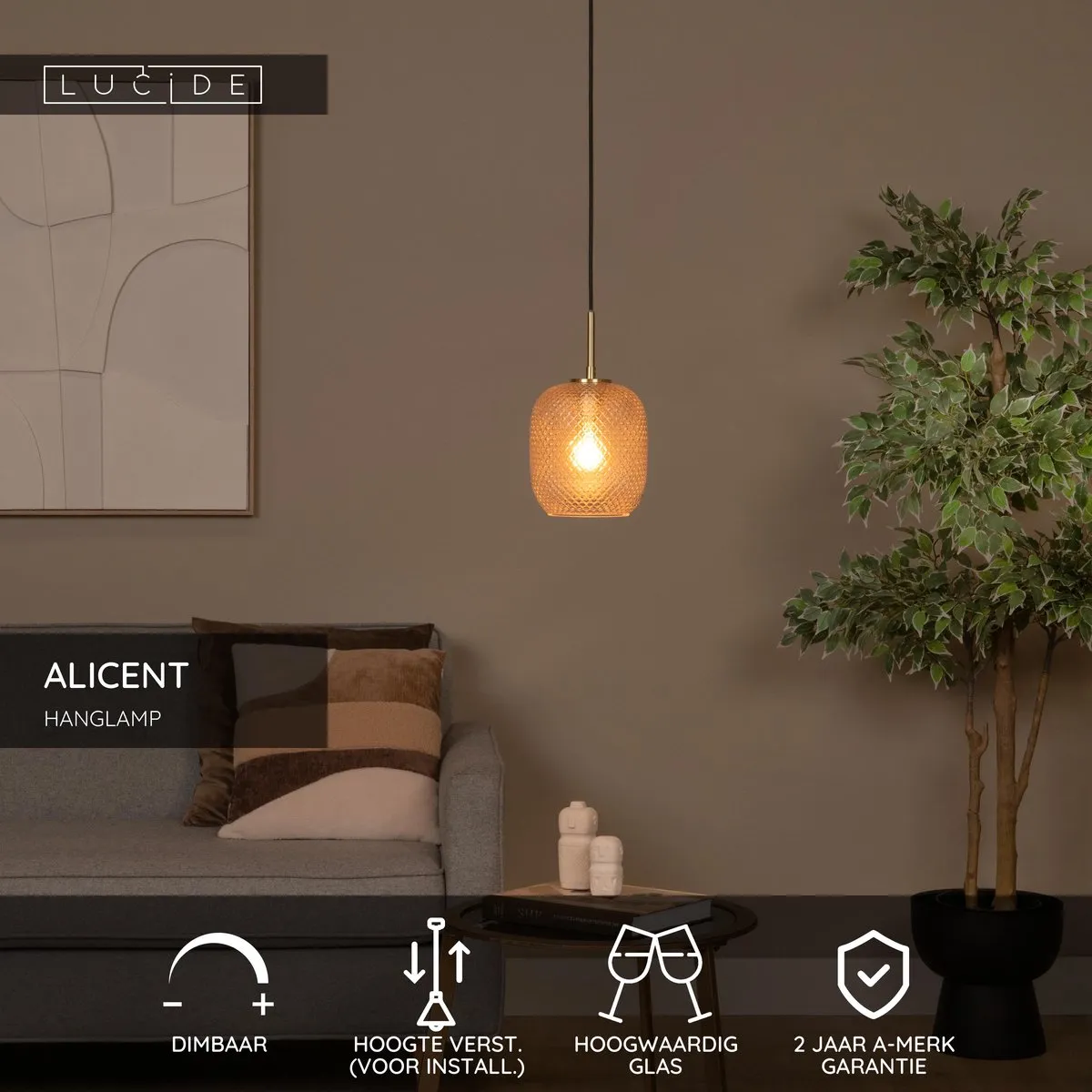 Lucide Alicent Hanglamp Ø18cm - Mat Goud/Messing - afbeelding 6 van 6