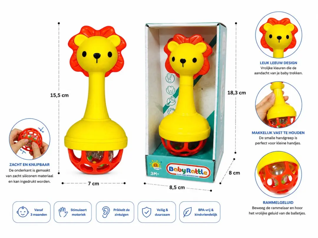 Ledy Toys Baby Rammelaar Leeuwtje Siliconen - Geel