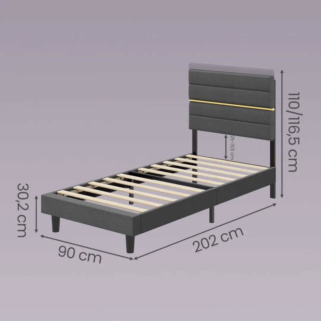 Songmics Eenpersoons Bedframe 90x200cm - Leigrijs - 250 kg