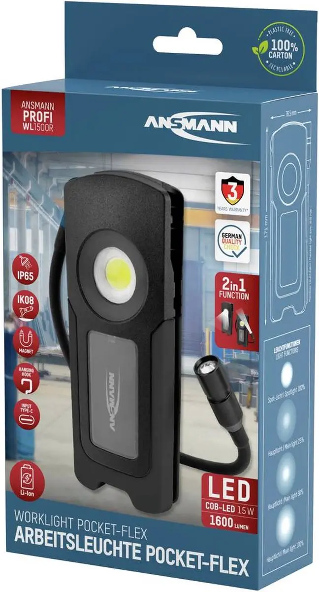 Ansmann Worklight WL1500R Pocket-Flex LED Werklamp 1600 Lumen - Zwart