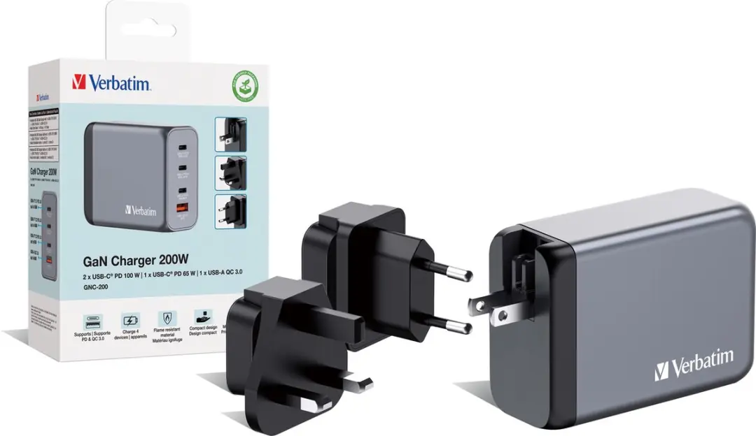Verbatim GNC-200 GaN Oplader 200W - 4 Poorten - Grijs