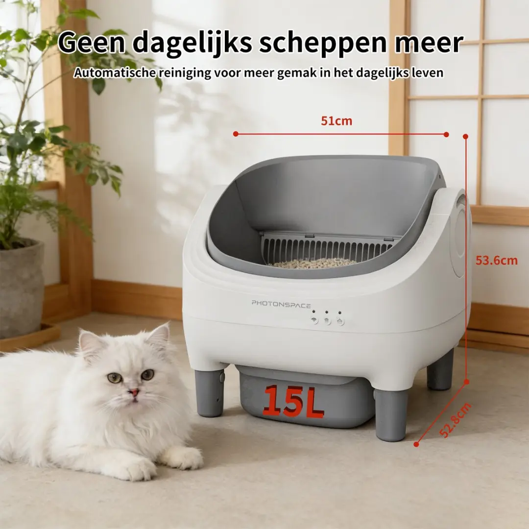 Photonspace Zelfreinigende Kattenbak Mini E - Wit - 65L - 2 Katten