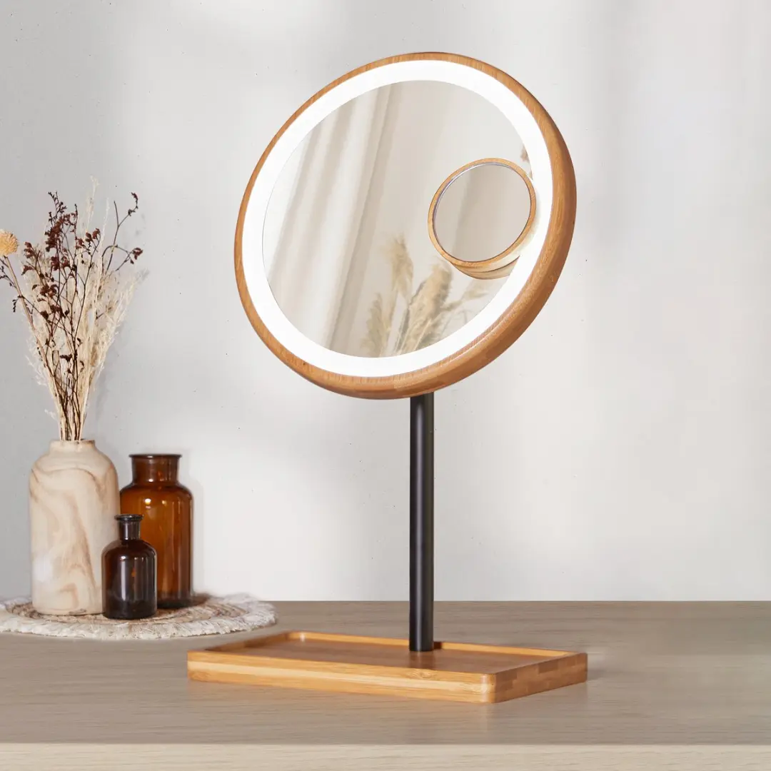 Lanaform Bamboo Mirror Make-up Spiegel - Oplaadbaar - 15,5 cm - Zwart