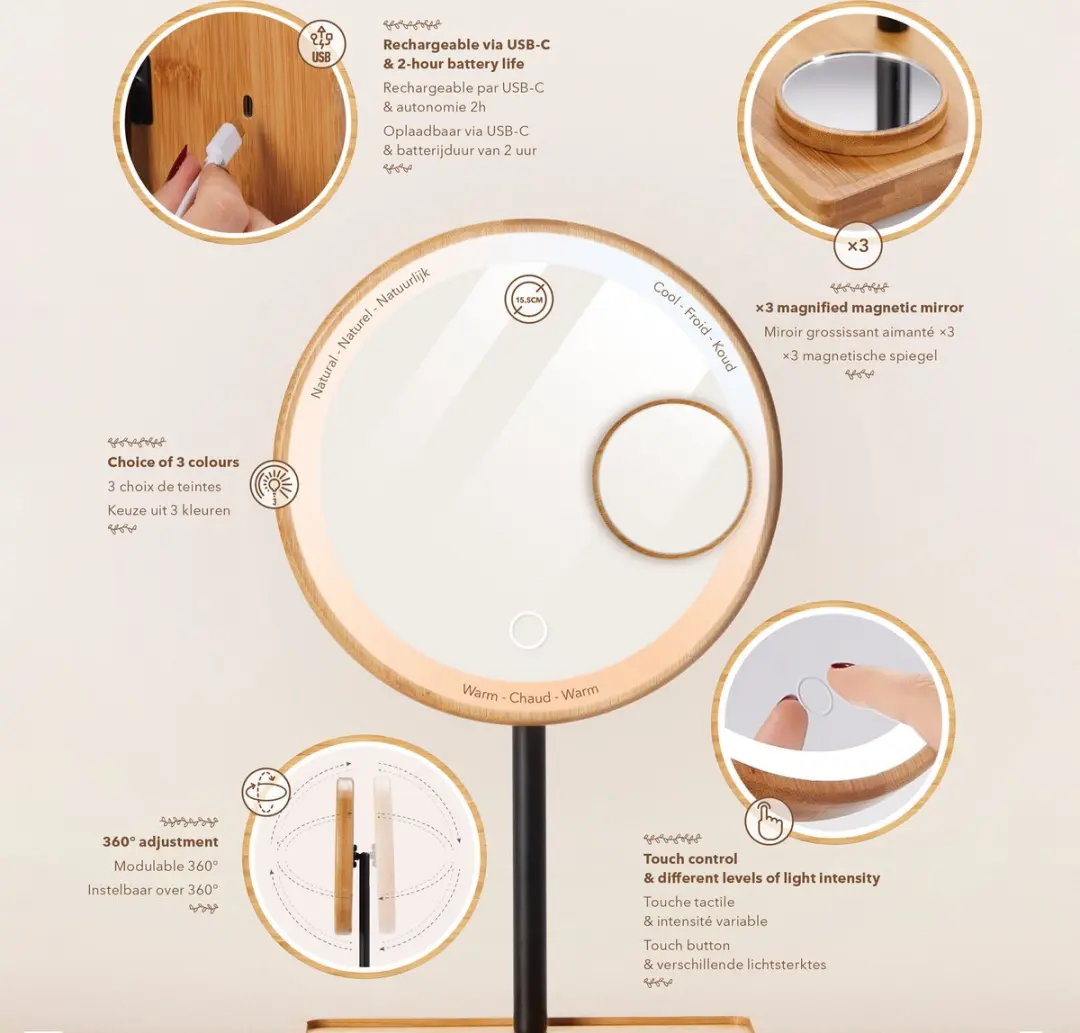 Lanaform Bamboo Mirror Make-up Spiegel - Oplaadbaar - 15,5 cm - Zwart