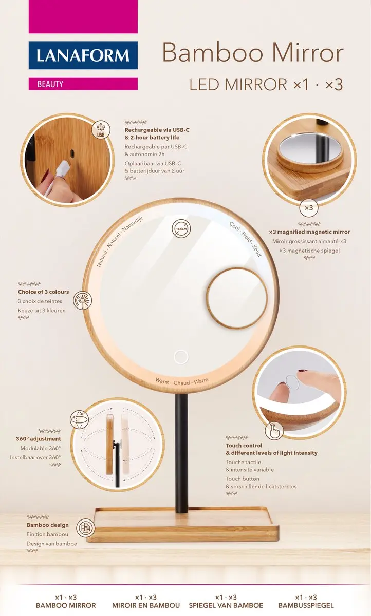 Lanaform Bamboo Mirror Make-up Spiegel - Oplaadbaar - 15,5 cm - Zwart
