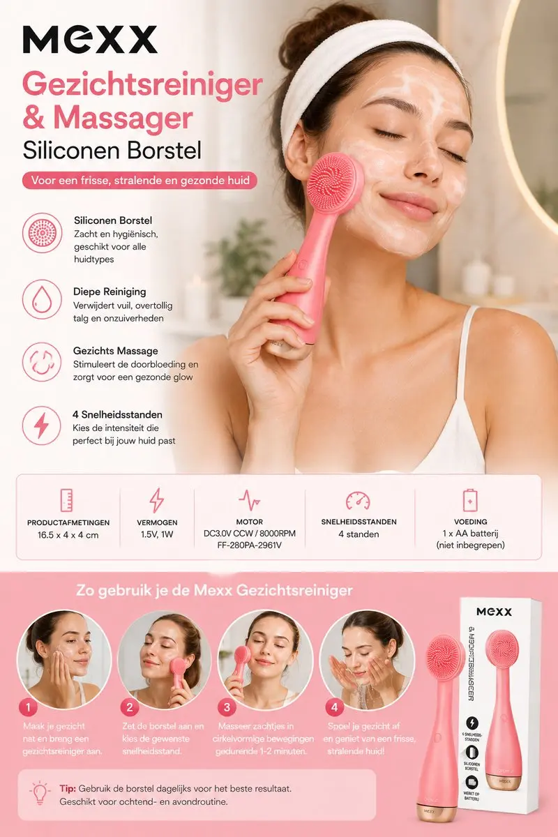 Mexx Gezichtsborstel Siliconen - 4 Snelheden - Roze