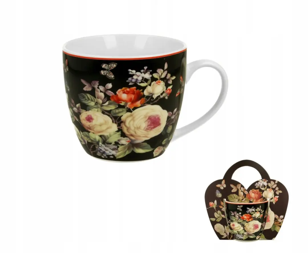 Duo Warda Porseleinen Mok 460ml - Bloemendesign - Zwart