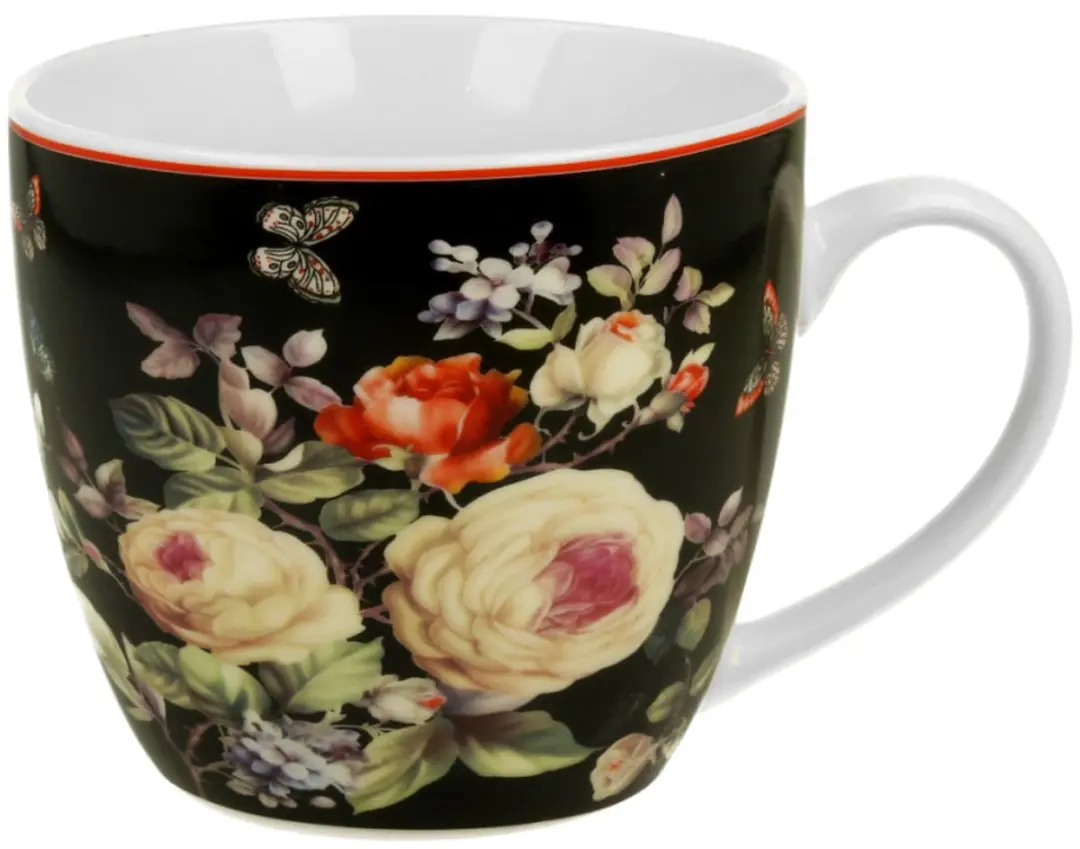 Duo Warda Porseleinen Mok 460ml - Bloemendesign - Zwart