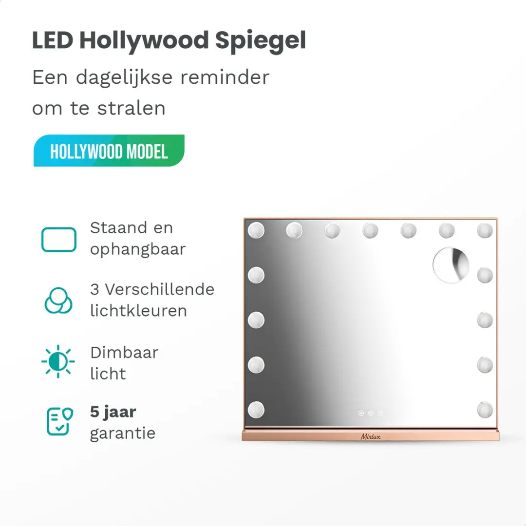 Mirlux Hollywood Spiegel 58x48cm - 15x LED Verlichting - 10x Vergroting - Rosé Goud