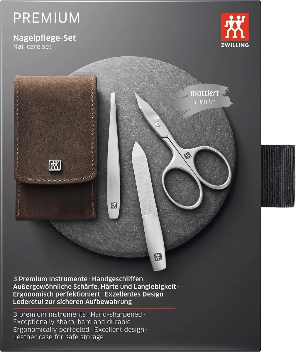 Zwilling Manicureset 3-delig - Mat staal met saffiervijl - Bruin leren etui