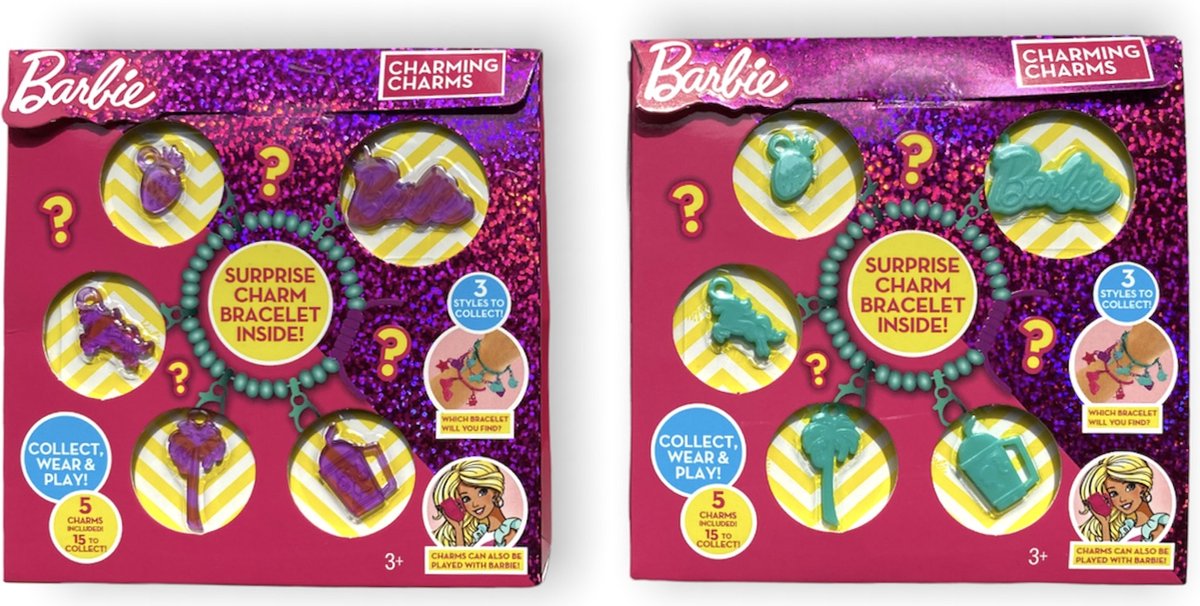 Barbie - Charms- 10 stuks - Paars - Blauw - Set - Armbandje - 2 doosjes