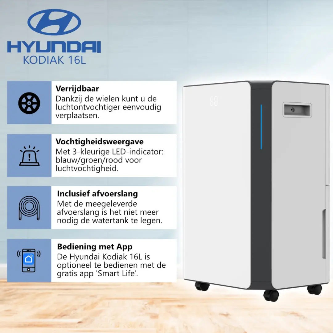 Hyundai Kodiak 16L Luchtontvochtiger 16L/dag - 75 m² - Wit - afbeelding 4 van 6