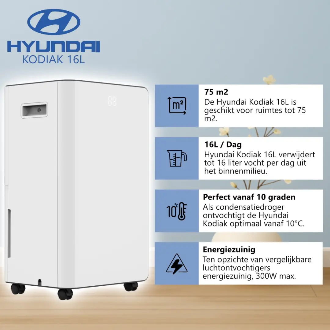 Hyundai Kodiak 16L Luchtontvochtiger 16L/dag - 75 m² - Wit - afbeelding 5 van 6