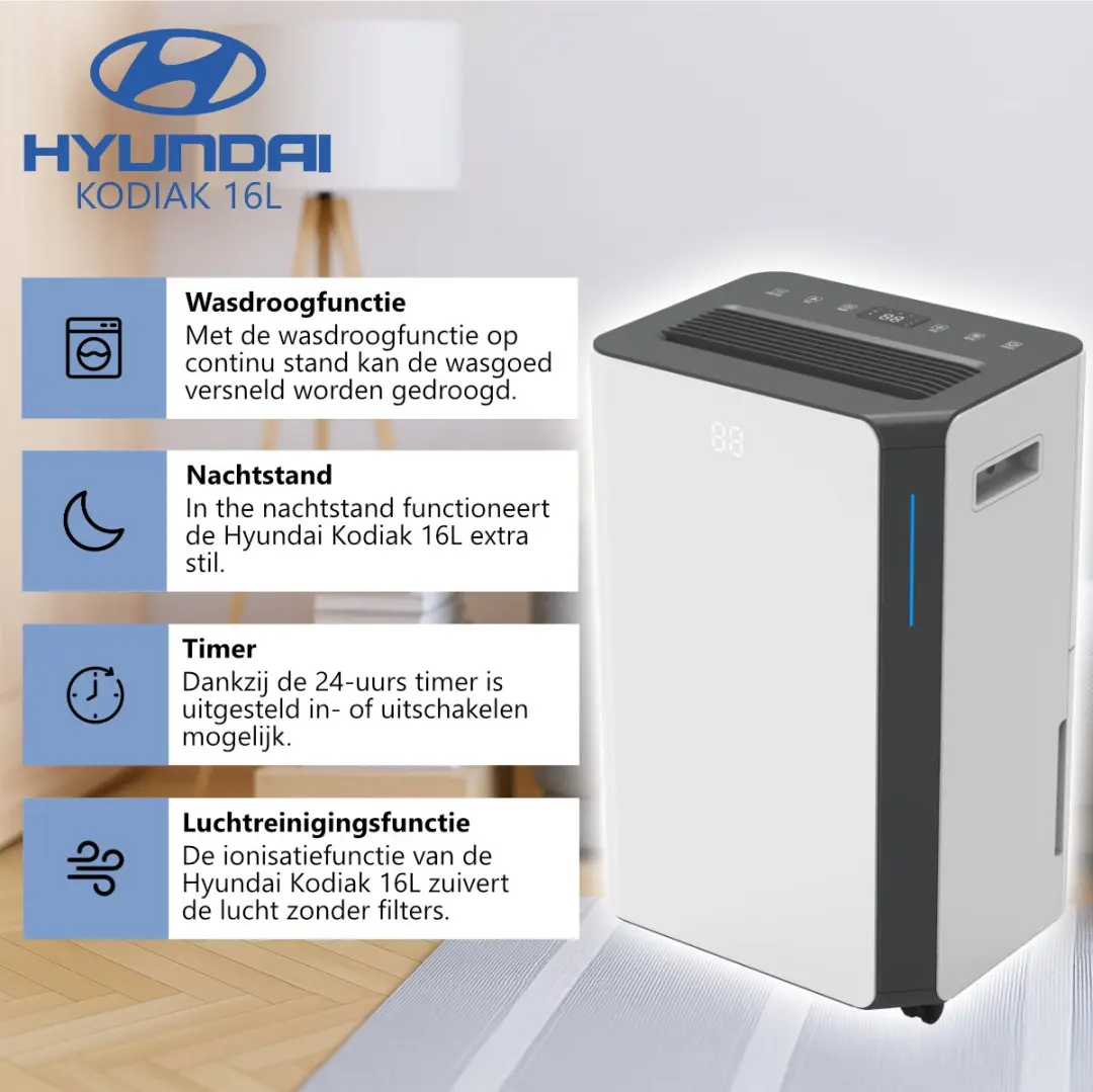 Hyundai Kodiak 16L Luchtontvochtiger 16L/dag - 75 m² - Wit - afbeelding 3 van 6