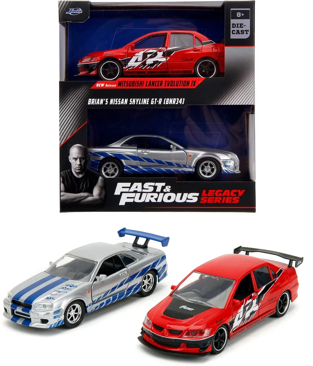 Jada Toys Fast & Furious Mitsubishi Lancer Evo + Nissan Skyline R34 GTR 1:32 - Rood/Zilver - afbeelding 6 van 6