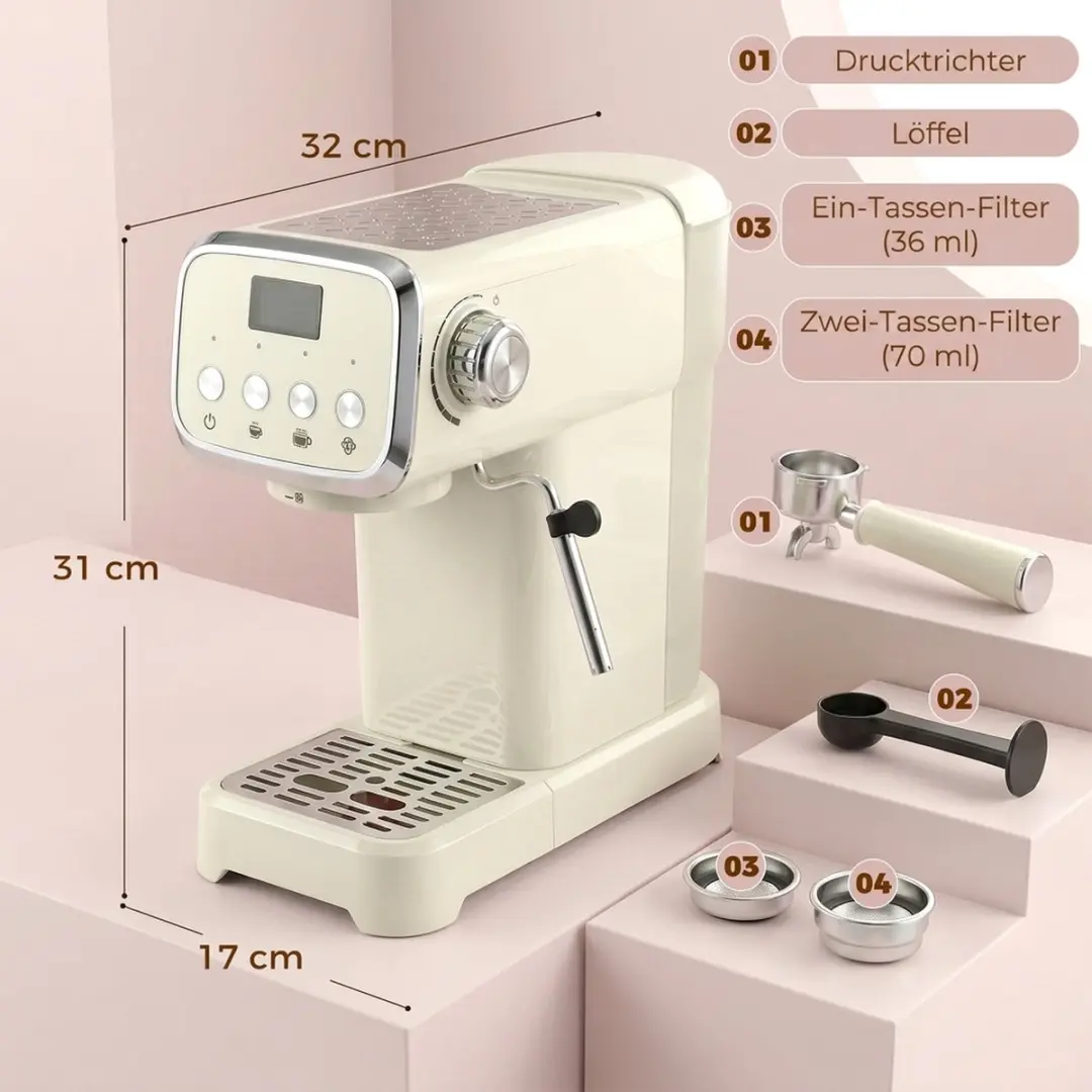 Homcom Halfautomatische Pistonmachine 20 bar 1.2L - Crèmewit