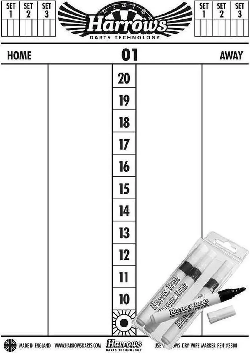 Harrows Scorebord + Markers 4-delig - Wit