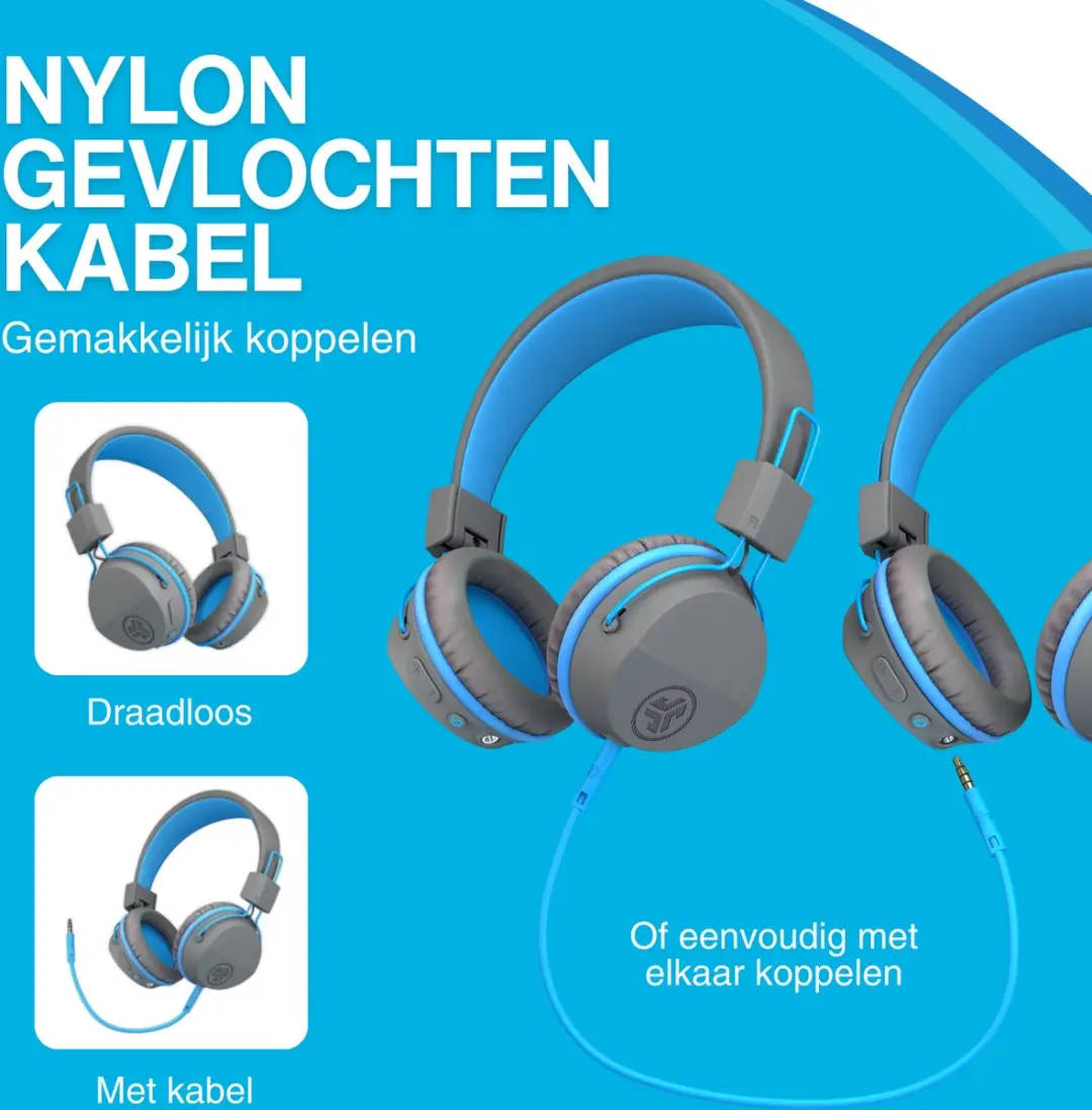 JLab JBuddies Studio Kids Koptelefoon - Draadloos Blauw/Blauw - 24u Batterij - afbeelding 6 van 6