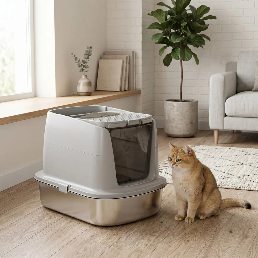 Pawhut Kattenbak - Edelstahl 52L - Hellgrau