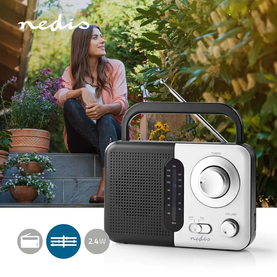 Nedis FM-Radio Draagbaar - Wit/Zwart - 2.4W - Bluetooth