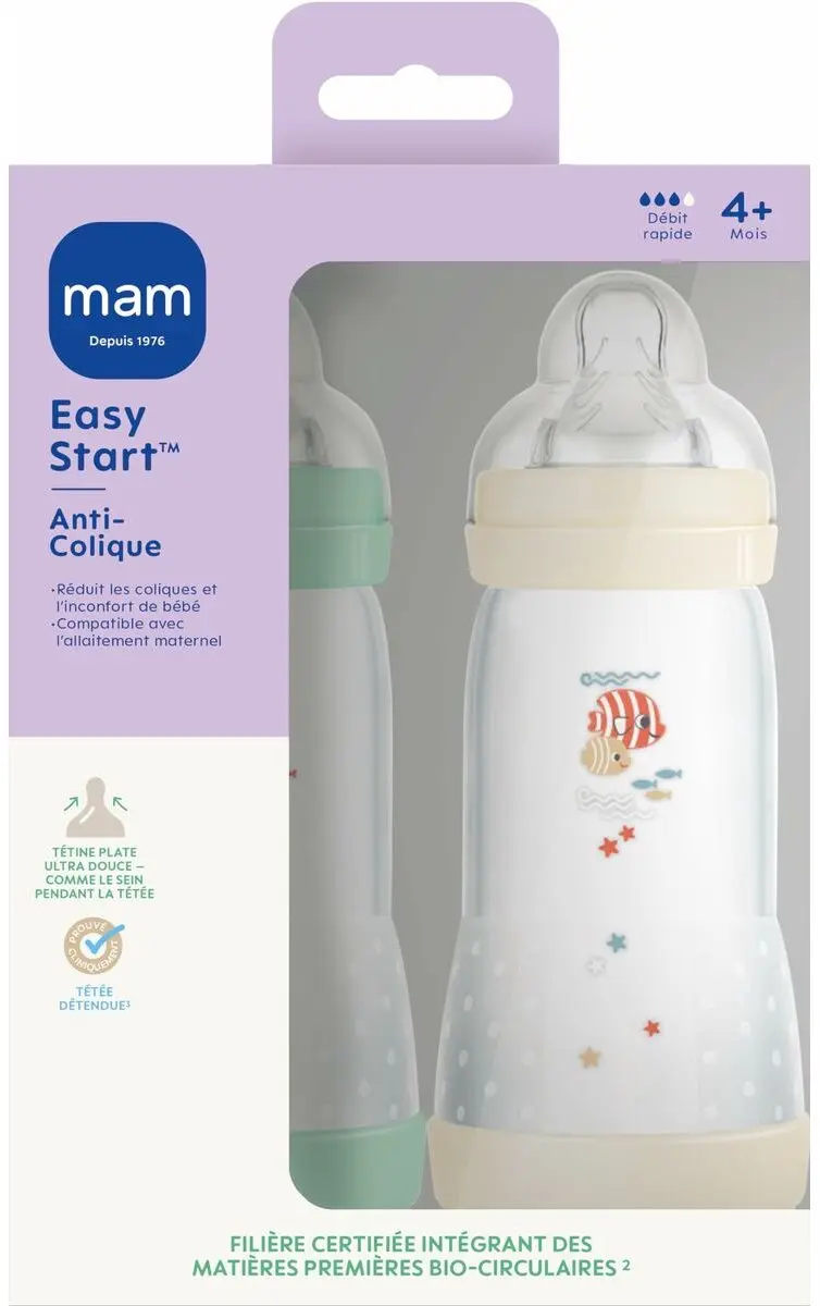MAM Easy Start Anti-Colic Babyflessen 330ml - 2 Stuks - Mint/Katoen